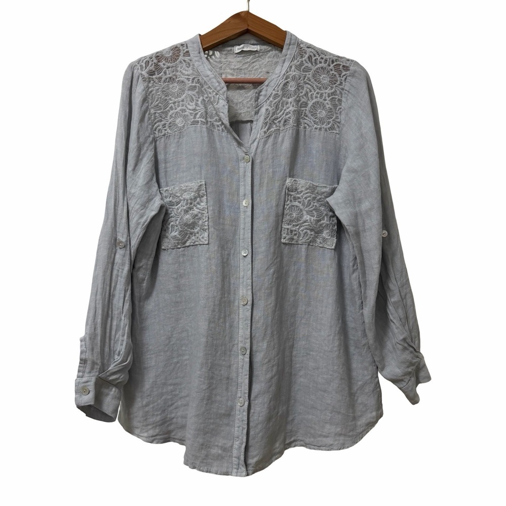 Made in Italy Womens Linen Lace Trim Button Up Top Size L Coastal Beach Travel